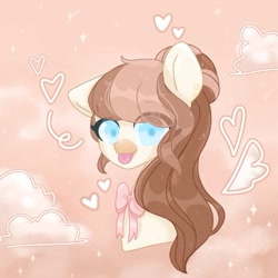 Size: 360x360 | Tagged: safe, artist:iamsmileo, imported from derpibooru, oc, oc only, pony, blue eyes, bust, cute, daaaaaaaaaaaw, hair bun, heart, mlem, neck bow, pink background, pink bow, silly, simple background, tongue out, wings