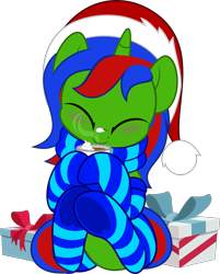 Size: 4021x5000 | Tagged: safe, artist:jhayarr23, imported from derpibooru, oc, oc only, oc:christian clefnote, pony, unicorn, chocolate, christmas, clothes, commission, cozy, cute, daaaaaaaaaaaw, eyes closed, food, hat, holiday, horn, hot chocolate, male, mug, present, santa hat, scarf, simple background, sitting, smiling, socks, solo, stallion, striped socks, transparent background, unicorn oc, ych result