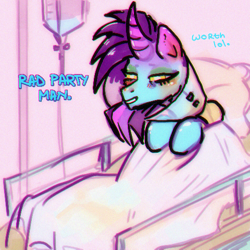 Size: 500x500 | Tagged: safe, artist:bunchi, imported from derpibooru, oc, oc:acid pecks, pony, unicorn, colorful, drugs, hospital, sleepy, solo