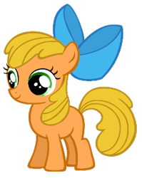 Size: 263x331 | Tagged: safe, artist:pika-robo, imported from derpibooru, apple bloom, applejack (g1), earth pony, pony, apple bloom's bow, bow, female, filly, full body, green eyes, hair bow, recolor, simple background, smiling, solo, standing, tail, transparent background, yellow mane, yellow tail