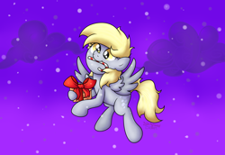 Size: 5354x3673 | Tagged: safe, artist:background basset, imported from derpibooru, derpy hooves, pegasus, pony, candy, candy cane, flying, food, night, present, snow, solo, spread wings, wings