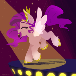 Size: 2048x2048 | Tagged: safe, artist:pfeffaroo, imported from derpibooru, pipp petals, pegasus, pony, eyes closed, g5, high res, microphone, my little pony: a new generation, smiling, solo, spotlight, stage