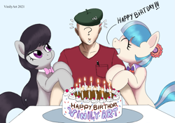 Size: 937x655 | Tagged: safe, artist:vinilyart, imported from derpibooru, coco pommel, octavia melody, oc, oc:anon, earth pony, human, pony, arm grab, beret, birthday cake, birthday candles, cake, emanata, eyes closed, female, food, happy birthday, hat, human and pony, mare, open mouth, trio