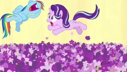 Size: 1080x608 | Tagged: safe, edit, edited screencap, editor:rarity vrymer collective, imported from derpibooru, screencap, rainbow dash, starlight glimmer, a royal problem, season 7, flower, multicolored hair, multicolored mane, multicolored tail, nose in the air, open mouth, tail