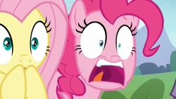 Size: 1080x608 | Tagged: safe, edit, edited screencap, editor:rarity vrymer collective, imported from derpibooru, screencap, fluttershy, pinkie pie, the maud couple, mawshot, open mouth, screaming, shrunken pupils, uvula