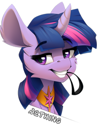 Size: 1042x1325 | Tagged: safe, artist:n_thing, imported from derpibooru, twilight sparkle, pony, unicorn, collaboration, collaboration:too many twilight, female, looking at you, mare, mouth hold, simple background, solo, transparent background