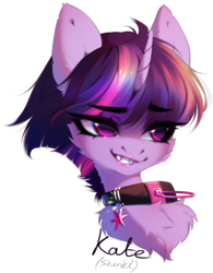 Size: 1065x1368 | Tagged: safe, artist:shenki, imported from derpibooru, twilight sparkle, pony, unicorn, bust, collaboration, collaboration:too many twilight, collar, fangs, female, mare, portrait, simple background, solo, transparent background