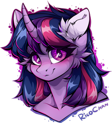 Size: 1240x1358 | Tagged: safe, artist:rico_chan, imported from derpibooru, twilight sparkle, anthro, unicorn, bare shoulder portrait, bare shoulders, bust, collaboration, collaboration:too many twilight, ear fluff, female, looking at you, mare, portrait, simple background, solo, transparent background