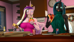 Size: 3840x2160 | Tagged: safe, artist:donglysfm, imported from derpibooru, princess cadance, queen chrysalis, alicorn, anthro, changeling, changeling queen, plantigrade anthro, 3d, 4k, backless, bepis, big breasts, breasts, busty princess cadance, busty queen chrysalis, clothes, conk, disgusted, eating, female, food, high res, kitchen, open-back sweater, peetzer, pizza, revamped anthros, sleeveless sweater, source filmmaker, sweater, that pony sure does love pizza, tongue out, virgin killer sweater