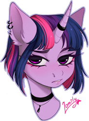 Size: 1055x1441 | Tagged: safe, artist:lomilykohi, imported from derpibooru, twilight sparkle, pony, unicorn, bust, choker, collaboration, collaboration:too many twilight, ear fluff, ear piercing, earring, female, jewelry, looking at you, mare, necklace, piercing, portrait, simple background, solo, transparent background