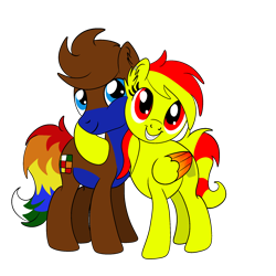 Size: 2048x2048 | Tagged: safe, artist:jay_wackal, imported from derpibooru, oc, oc only, oc:marmalade, oc:rubik, earth pony, pegasus, pony, derpibooru community collaboration, 2022 community collab, blue eyes, colored wings, duo, ear fluff, earth pony oc, female, folded wings, grin, high res, hug, male, mare, multicolored tail, pegasus oc, red eyes, simple background, smiling, stallion, standing, tail, transparent background, two toned mane, two toned tail, wings