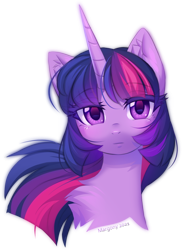 Size: 900x1238 | Tagged: safe, artist:margony, imported from derpibooru, twilight sparkle, pony, unicorn, beautiful, bust, chest fluff, collaboration, collaboration:too many twilight, ear fluff, female, looking at you, mare, portrait, simple background, solo, transparent background