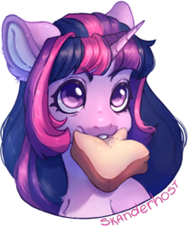 Size: 1050x1259 | Tagged: safe, artist:skanderhost, imported from derpibooru, twilight sparkle, pony, unicorn, bread, bust, collaboration, collaboration:too many twilight, cute, female, food, mare, mouth hold, portrait, simple background, solo, transparent background, twiabetes