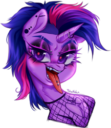 Size: 1109x1279 | Tagged: safe, artist:tohanah, imported from derpibooru, twilight sparkle, pony, unicorn, alternate hairstyle, bust, collaboration, collaboration:too many twilight, ear piercing, earring, eyeshadow, female, fishnet clothing, goth, industrial piercing, jewelry, looking at you, makeup, mare, open mouth, piercing, portrait, punklight sparkle, simple background, solo, tongue out, tongue piercing, transparent background