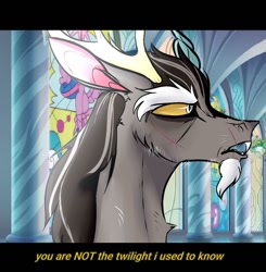 Size: 1059x1080 | Tagged: safe, artist:ponychasmic, imported from derpibooru, discord, twilight sparkle, alicorn, draconequus, antlers, beard, facial hair, fangs, g5, male, my little pony: a new generation, scar, stained glass window, text, that magic was not yours to give, twilight sparkle (alicorn)