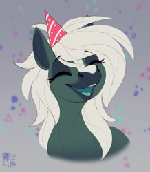 Size: 1433x1643 | Tagged: safe, alternate version, artist:airfly-pony, imported from derpibooru, oc, oc only, pony, blaze (coat marking), coat markings, eyes closed, facial markings, hat, party hat, smiling, solo