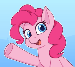 Size: 1202x1077 | Tagged: safe, artist:rivin177, imported from derpibooru, pinkie pie, earth pony, pony, abstract background, blue eyes, bust, eyelashes, female, mare, open mouth, open smile, outline, pink mane, ponk, raised hoof, smiling, solo, underhoof, waving, white outline