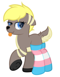 Size: 2426x3107 | Tagged: safe, artist:ponkus, imported from derpibooru, oc, oc only, oc:canvas, deer, :p, blue eyes, butt, clothes, cute, deer nose, deer oc, deer tail, ears back, full body, high res, lidded eyes, looking back, male, mare, plot, pride, pride flag, raised hoof, show accurate, simple background, socks, solo, standing, stockings, striped socks, tail, tail fluff, thigh highs, tongue out, trans female, transgender, transgender pride flag, transparent background, underhoof