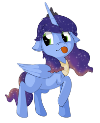 Size: 1230x1509 | Tagged: safe, artist:soccy, imported from derpibooru, oc, oc only, oc:emerging dawn, alicorn, pony, derpibooru community collaboration, 2022 community collab, :p, ethereal mane, female, filly, galaxy mane, luna's crown, offspring, raised leg, simple background, solo, standing, tongue out, transparent background