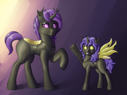 Size: 4000x3000 | Tagged: safe, artist:stardustspix, imported from derpibooru, oc, oc only, oc:aeshna, oc:anaxxa, changepony, hybrid, duo, frog (hoof), looking at you, purple changeling, raised hoof, size difference, smiling, smiling at you, standing, underhoof, waving