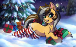 Size: 2560x1600 | Tagged: safe, artist:faline-art, imported from derpibooru, oc, oc only, oc:steaming stove, earth pony, pony, christmas, christmas lights, christmas tree, clothes, female, happy, holiday, mare, present, snow, socks, solo, striped socks, tree, winter