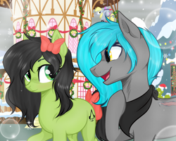 Size: 4096x3276 | Tagged: safe, artist:kim0508, imported from derpibooru, derpy hooves, oc, oc:emerald blade, oc:sorajona, oc:sorajona darkwing, earth pony, pegasus, pony, bandana, black hair, bowtie, christmas, clothes, cute, decoration, enjoying, green eyes, green fur, grey fur, happy, holiday, hoof on chest, kerchief, looking at each other, looking at someone, neckerchief, ponyville, scar, scarf, scene hair, smiling, snow, turquoise hair, wingless, winter, yellow eyes