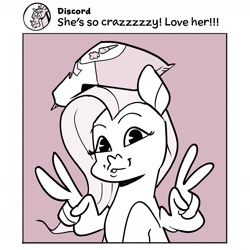 Size: 1968x1968 | Tagged: safe, artist:kylesmeallie, imported from derpibooru, discord, fluttershy, pegasus, pony, chips, exclamation point, eyelashes, female, food, male, monochrome, peace sign, selfie, social media, solo, twitter, wing hands, wings