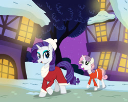 Size: 1280x1024 | Tagged: safe, artist:mr100dragon100, imported from derpibooru, rarity, sweetie belle, clothes, hearth's warming eve, house, houses, snow, teenager, winter