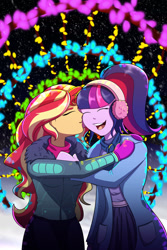 Size: 1280x1920 | Tagged: safe, artist:littletigressda, imported from derpibooru, sci-twi, sunset shimmer, twilight sparkle, fanfic:sunset and twilight's winter holidate, equestria girls, clothes, commission, earmuffs, eyes closed, fanfic, fanfic art, fanfic cover, female, happy, jacket, lesbian, mittens, night, open mouth, open smile, ponytail, scitwishimmer, shipping, skirt, smiling, snow, sunsetsparkle