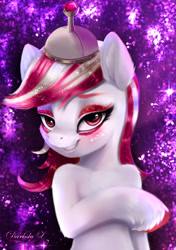 Size: 1483x2101 | Tagged: safe, artist:darksly, imported from derpibooru, sugar moonlight, earth pony, pony, anti-mind reading cap, bedroom eyes, body pillow, commission, dakimakura cover, eyeshadow, female, g5, grin, helmet, lidded eyes, makeup, mare, my little pony: a new generation, preview, seductive, seductive look, seductive pose, sexy, smiling, solo, stupid sexy sugar moonlight, unshorn fetlocks