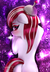 Size: 1589x2251 | Tagged: safe, artist:darksly, imported from derpibooru, sugar moonlight, earth pony, pony, anti-mind reading cap, bedroom eyes, body pillow, butt, commission, dakimakura cover, eyeshadow, female, g5, helmet, lidded eyes, makeup, mare, my little pony: a new generation, plot, preview, seductive, seductive look, seductive pose, sexy, solo, stupid sexy sugar moonlight, sugar moonbutt, tail, tail aside, unshorn fetlocks