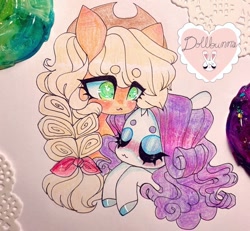 Size: 640x591 | Tagged: safe, artist:dollbunnie, imported from derpibooru, applejack, rarity, female, lesbian, rarijack, shipping, traditional art