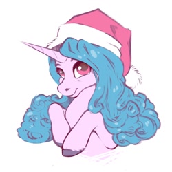 Size: 1024x1024 | Tagged: safe, artist:goodiiday, imported from ponybooru, izzy moonbow, pony, unicorn, bust, christmas, cute, female, g5, hat, holiday, izzybetes, mare, santa hat, simple background, smiling, solo, white background