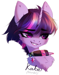 Size: 1065x1368 | Tagged: safe, artist:tomness, imported from derpibooru, twilight sparkle, pony, unicorn, bust, collaboration, collaboration:too many twilight, collar, fangs, female, mare, portrait, simple background, transparent background