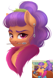 Size: 1325x1946 | Tagged: safe, artist:vetta, imported from derpibooru, screencap, plaid stripes, earth pony, pony, bust, cute, ear piercing, earring, female, jewelry, looking at you, mouth hold, piercing, plaidabetes, portrait, screencap reference, smiling, solo, spoon, teenager