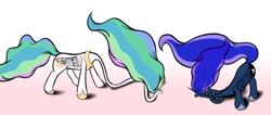 Size: 1500x635 | Tagged: safe, artist:furor1, imported from derpibooru, princess celestia, princess luna, alicorn, pony, female, long neck, mare, necc, royal sisters, siblings, sisters, tiny head, wat