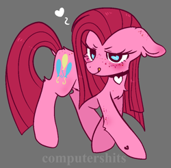 Size: 776x762 | Tagged: safe, artist:cutiesparke, derpibooru exclusive, imported from derpibooru, pinkie pie, earth pony, pony, blushing, chest fluff, choker, female, floating heart, floppy ears, freckles, heart, hoof heart, licking, licking lips, mare, pinkamena diane pie, simple background, solo, straight mane, tongue out, watermark