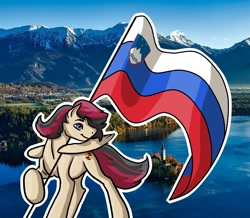 Size: 936x816 | Tagged: safe, imported from derpibooru, oc, oc:porsche speedwings, pony, flag, irl, lake bled, photo, ponies in real life, slovenia, solo