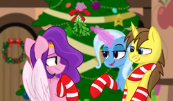 Size: 1920x1131 | Tagged: safe, artist:grapefruit-face, imported from derpibooru, pipp petals, trixie, oc, oc:grapefruit face, pegasus, pony, unicorn, canon x oc, clothes, female, festive, g5, grapepipixie, grapepipp, grapexie, horn, magic, magic aura, male, mistletoe, my little pony: a new generation, shipping, show accurate, socks, straight, stripy, trio, unicorn oc