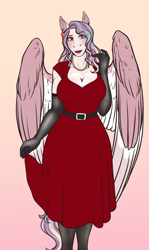 Size: 1192x1997 | Tagged: safe, artist:blackblood-queen, imported from derpibooru, oc, oc only, oc:april showers, anthro, pegasus, unguligrade anthro, big breasts, breasts, cleavage, clothes, digital art, dress, ear piercing, earring, eyeshadow, female, gloves, gradient background, jewelry, lipstick, long gloves, makeup, mare, mother, necklace, pearl necklace, pegasus oc, piercing, red dress, smiling, solo