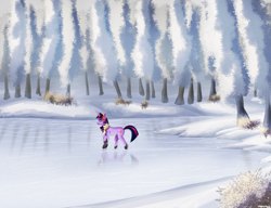 Size: 3250x2500 | Tagged: safe, artist:vezja, imported from derpibooru, twilight sparkle, pony, unicorn, bush, christmas, clothes, cutie mark, earmuffs, eyes closed, female, forest, high res, holiday, horn, ice, ice skates, ice skating, lake, mare, reflection, scarf, snow, solo, tree, unicorn twilight, winter