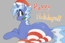 Size: 1280x853 | Tagged: safe, artist:theobrobine, imported from derpibooru, pokey pierce, pony, unicorn, butt, christmas, clothes, dock, gray background, happy holidays, hat, holiday, holly, looking back, lying down, male, mouth hold, plot, santa hat, simple background, socks, solo, stallion, striped socks, tail, the ass was fat