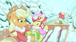 Size: 1920x1080 | Tagged: safe, artist:swordsmen, imported from derpibooru, apple bloom, applejack, big macintosh, earth pony, pony, apple siblings, apple sisters, brother and sister, christmas, clothes, cowboy hat, cute, day, female, filly, foal, fog, happy, hat, hearth's warming eve, holiday, logs, male, mare, pine tree, present, siblings, sisters, smiling, snow, snowfall, stallion, teary eyes, tree, winter outfit