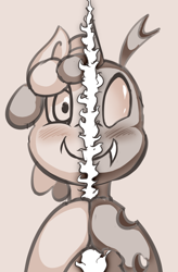 Size: 1256x1920 | Tagged: safe, artist:theobrobine, imported from derpibooru, crystal hoof, thorax, changeling, pony, disguise, disguised changeling, duality, hooves together, monochrome, smiling, solo, split screen