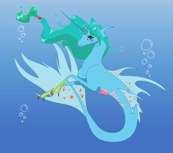 Size: 637x561 | Tagged: safe, artist:bambisparanoia, imported from derpibooru, oc, oc only, merpony, pony, seapony (g4), unicorn, blue background, blue eyes, bubble, crepuscular rays, dorsal fin, fins, fish tail, flowing mane, flowing tail, green mane, horn, long horn, ocean, seaponified, simple background, solo, species swap, sunlight, tail, underwater, water