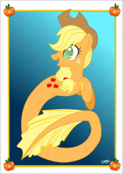 Size: 308x434 | Tagged: safe, artist:queenzora, imported from derpibooru, applejack, earth pony, hippocampus, merpony, pony, seapony (g4), applejack's hat, blue background, cowboy hat, crepuscular rays, female, fish tail, flowing tail, green eyes, hat, ocean, postcard, seaponified, seapony applejack, signature, simple background, smiling, solo, species swap, sunlight, tail, underwater, water, yellow mane