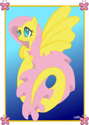 Size: 301x421 | Tagged: safe, artist:queenzora, imported from derpibooru, fluttershy, hippocampus, merpony, pegasus, pony, seapony (g4), blue background, crepuscular rays, dorsal fin, female, fin wings, fins, flowing mane, flowing tail, green eyes, ocean, pink mane, postcard, seaponified, seapony fluttershy, signature, simple background, smiling, solo, species swap, sunlight, tail, underwater, water, watershy, wings