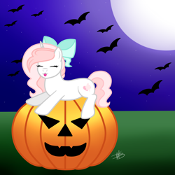 Size: 3000x3000 | Tagged: safe, artist:princessmoonsilver, imported from derpibooru, oc, oc:sweetheart, bat, pony, unicorn, bow, eyes closed, female, hair bow, high res, mare, moon, pumpkin, solo, tongue out