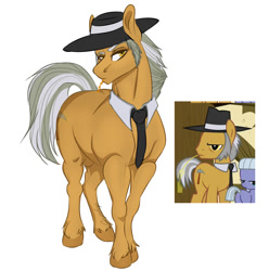 Size: 1280x1291 | Tagged: safe, artist:copshop, imported from derpibooru, igneous rock pie, earth pony, pony, filly limestone pie, hat, male, necktie, nudity, sheath, simple background, stallion, straw in mouth, unshorn fetlocks, white background