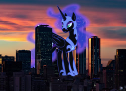 Size: 2800x2013 | Tagged: safe, artist:stabzor, artist:theotterpony, imported from derpibooru, nightmare moon, alicorn, pony, female, giant pony, giantess, high res, highrise ponies, irl, macro, photo, ponies in real life, story included